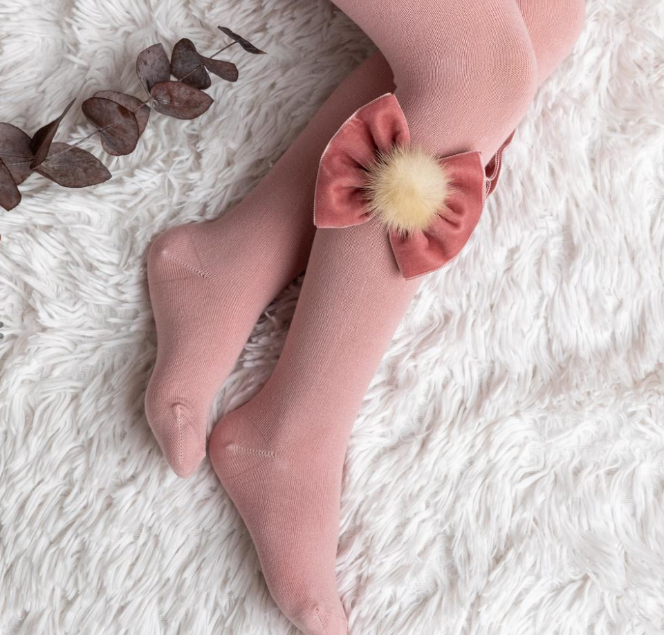 Velvet Bow Tights in Pink