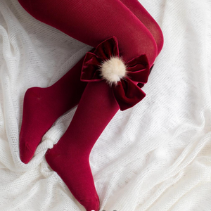 Meia Pata Pom Pom Velvet Bow Tights Maroon