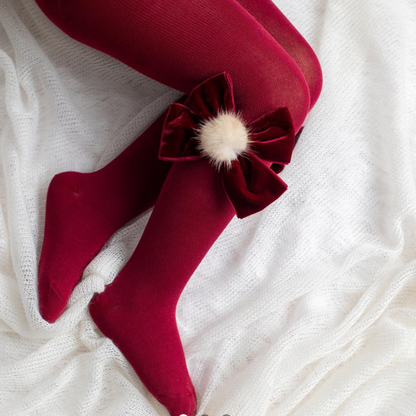 Meia Pata Pom Pom Velvet Bow Tights Maroon