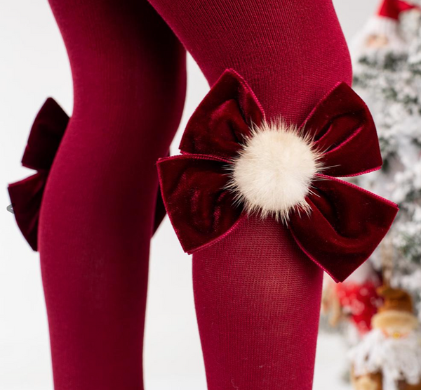 Meia Pata Pom Pom Velvet Bow Tights Maroon