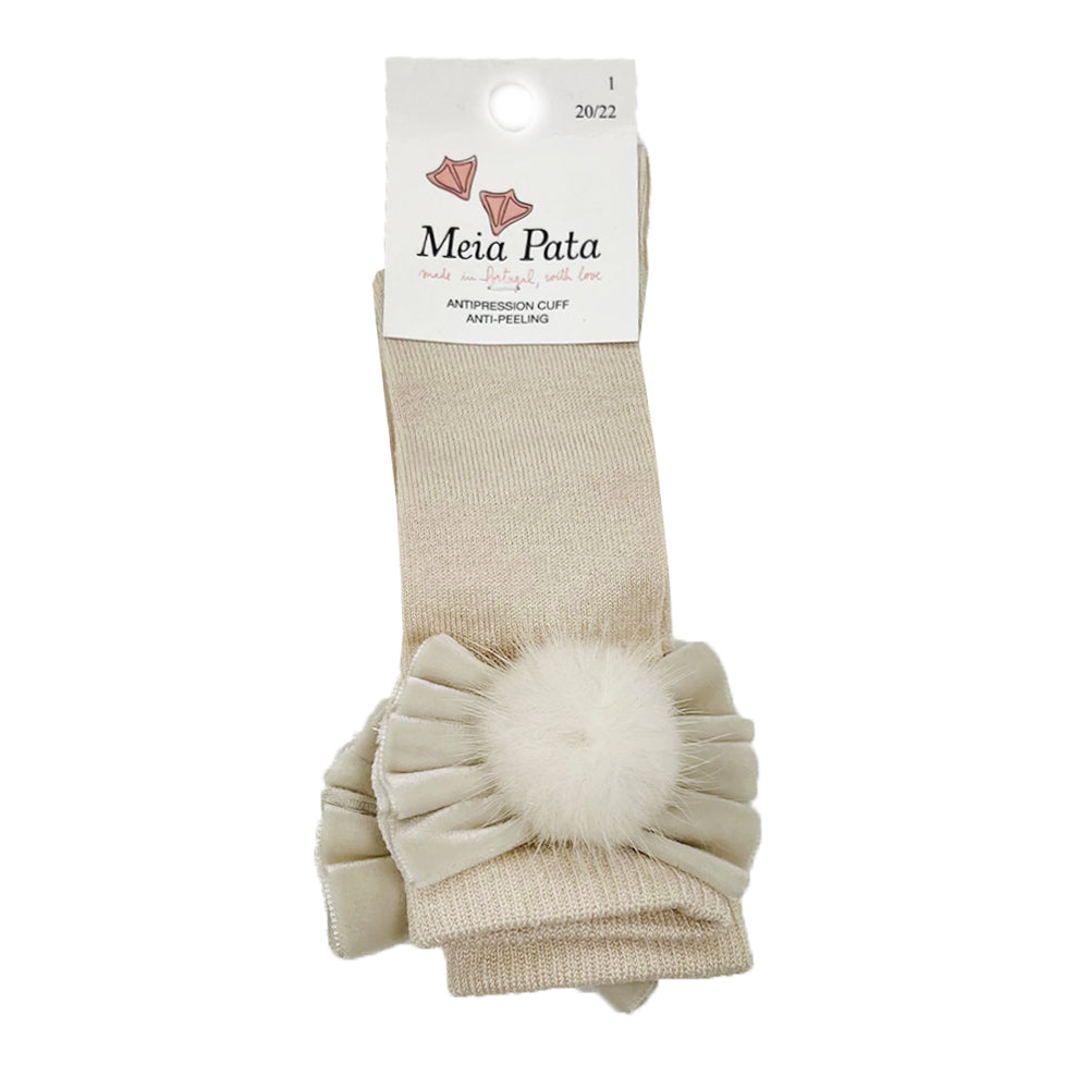 Meia Pata Long Velvet Fur Bow Socks Champagne