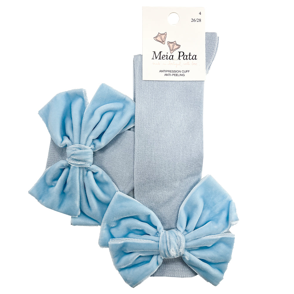 Meia Pata Long Velvet Bow Socks Pale Blue