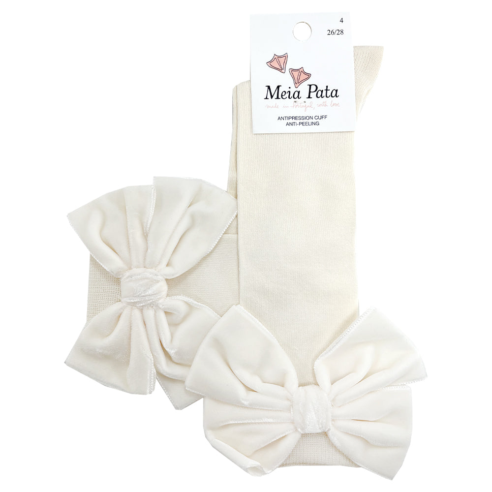 Meia Pata Long Velvet Bow Socks Pearl