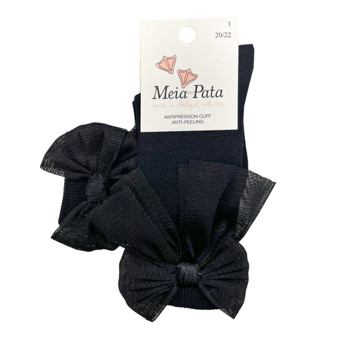 Meia Pata Long Organza Bow Socks Black